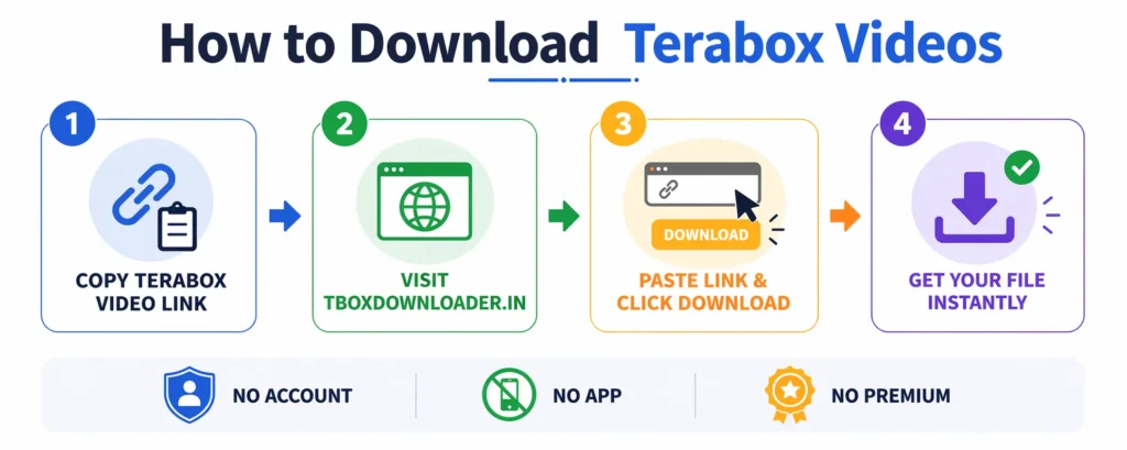 How to download Terabox videos without login – step by step infographic showing copy link, paste and download process