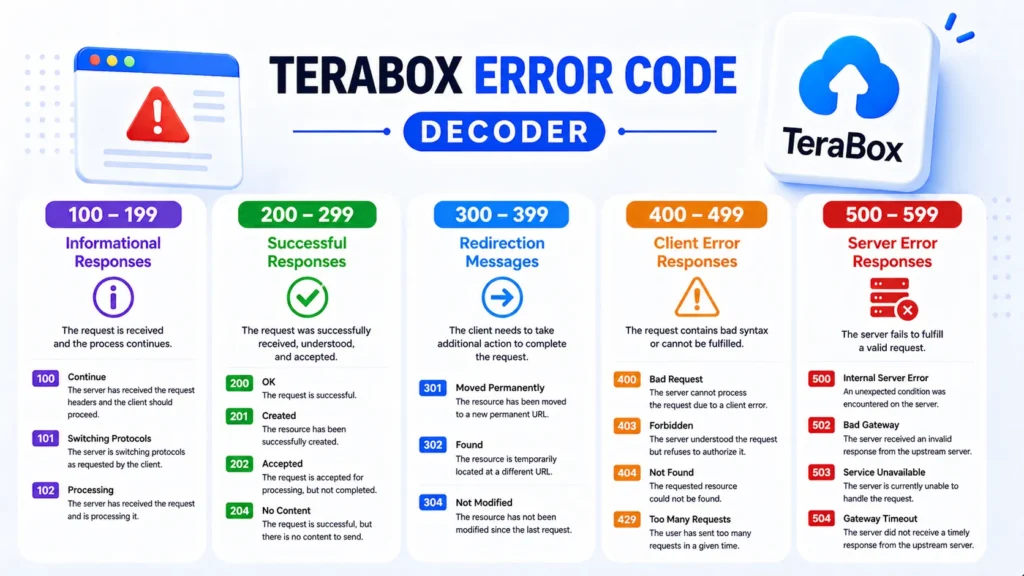 Terabox error code decoder infographic explaining 100 to 599 status codes including client and server errors
